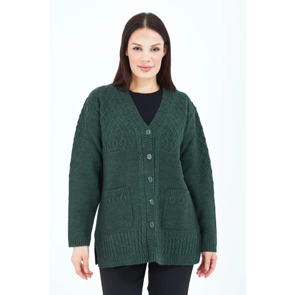 Kadın Haki Yeşil V Yaka Düğmeli Cepli Örgü Yün Anne Triko Kısa Hırka - 5