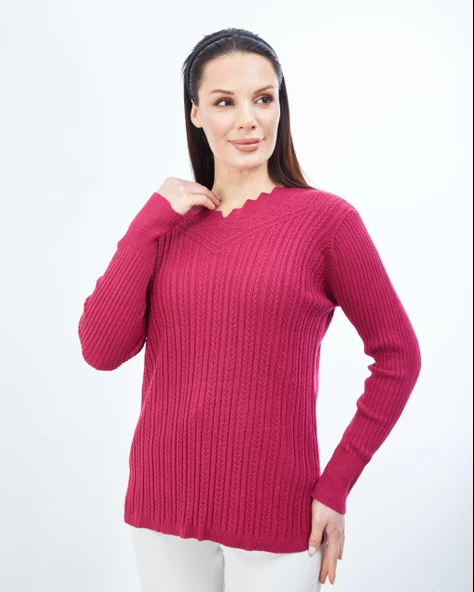 Kadın Gül Kurusu Triko V Yaka Kışlık Anne Esnek Kazak - 2