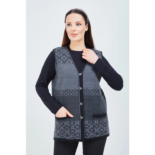 Kadın Siyah Gri Desenli Triko Düğmeli Cepli Kışlık Anne Yeleği - 3