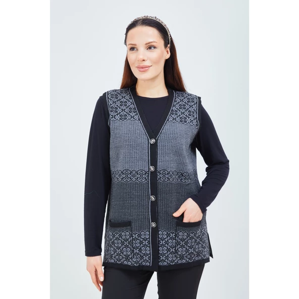 Kadın Siyah Gri Desenli Triko Düğmeli Cepli Kışlık Anne Yeleği - 2
