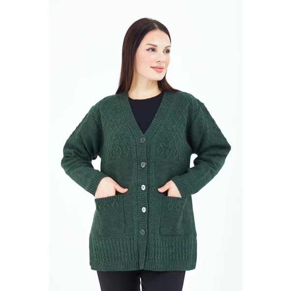 Kadın Haki Yeşil V Yaka Düğmeli Cepli Örgü Yün Anne Triko Kısa Hırka - 3