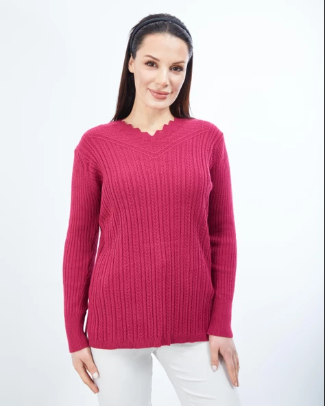 Kadın Gül Kurusu Triko V Yaka Kışlık Anne Esnek Kazak - 5