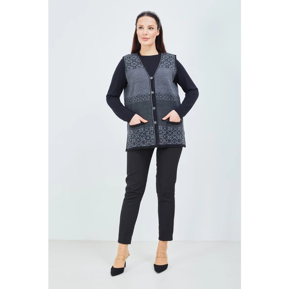 Kadın Siyah Gri Desenli Triko Düğmeli Cepli Kışlık Anne Yeleği - 7