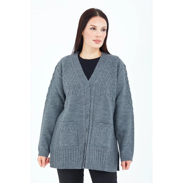 Kadın Gri V Yaka Düğmeli Cepli Örgü Yün Anne Triko Kısa Hırka - 5