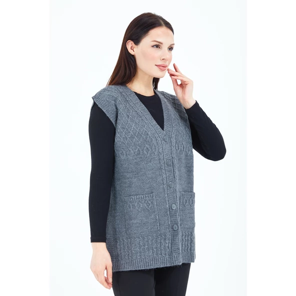 Kadın Gri V Yaka Düğmeli Cepli Örgü Yün Anne Triko Yelek - 4