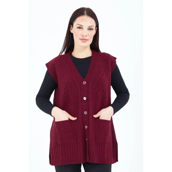 Kadın Bordo V Yaka Düğmeli Cepli Yün Anne Triko Yelek