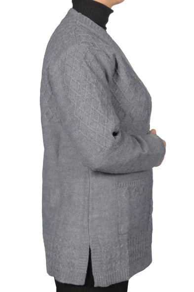 Kadın Gri Düğmeli Kısa Hırka - 3