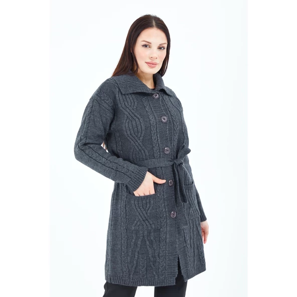 Kadın Füme Yakalı Düğmeli Cepli Kuşaklı Örme Triko Yün Uzun Hırka - 3