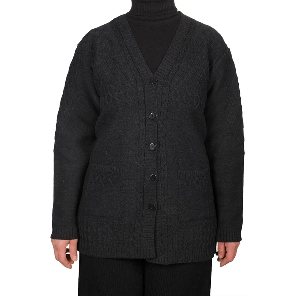 Kadın Antrasit Siyah Düğmeli Kısa Hırka - 2