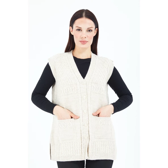 Kadın Krem V Yaka Düğmeli Cepli Örgü Yün Anne Triko Yelek