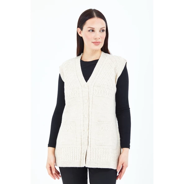 Kadın Krem V Yaka Düğmeli Cepli Örgü Yün Anne Triko Yelek - 2