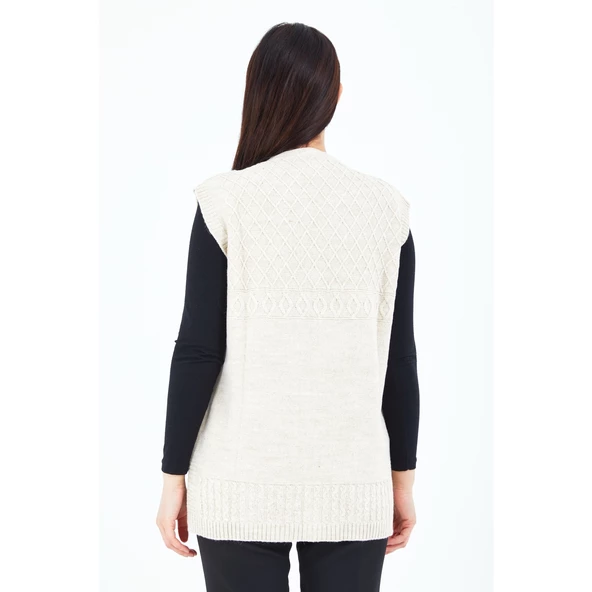 Kadın Krem V Yaka Düğmeli Cepli Örgü Yün Anne Triko Yelek - 7