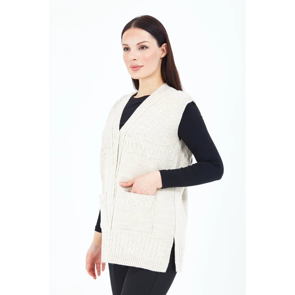 Kadın Krem V Yaka Düğmeli Cepli Örgü Yün Anne Triko Yelek - 6