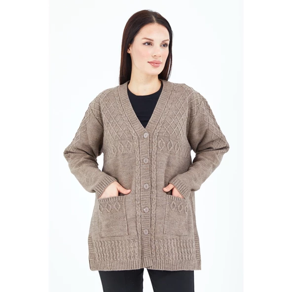 Kadın V Yaka Vizon Düğmeli Cepli Örgü Yün Anne Triko Kısa Hırka - 2