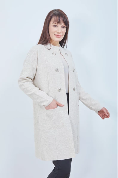 Anne Triko Cepli Düğme Detaylı Krem Uzun Hırka - 4