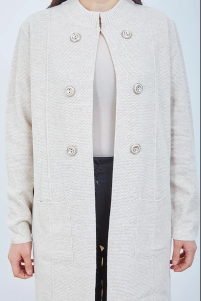 Anne Triko Cepli Düğme Detaylı Krem Uzun Hırka - 5