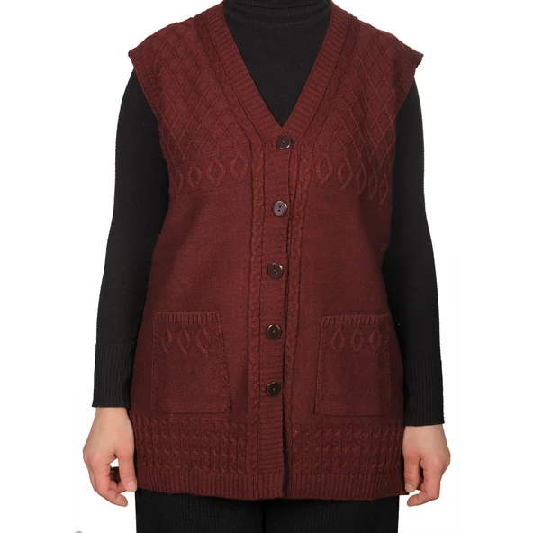 Kadın Bordo Düğmeli Yelek - 2