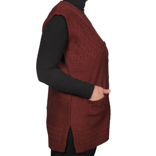 Kadın Bordo Düğmeli Yelek - 3