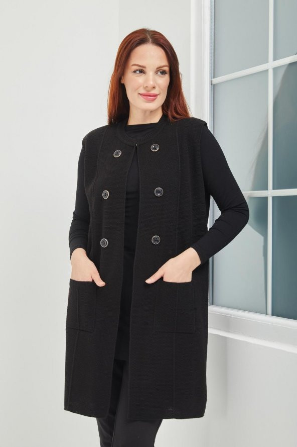 Fresh&Moda Anne Triko Cepli Düğme Detaylı Siyah  Uzun Yelek - 2