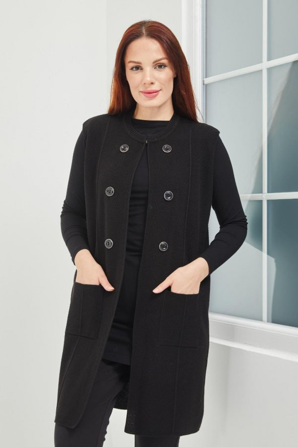 Fresh&Moda Anne Triko Cepli Düğme Detaylı Siyah  Uzun Yelek - 3