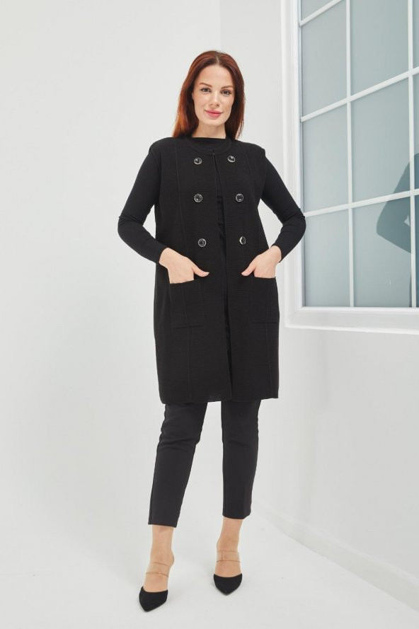 Fresh&Moda Anne Triko Cepli Düğme Detaylı Siyah  Uzun Yelek - 4