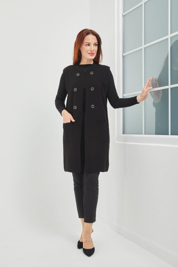 Fresh&Moda Anne Triko Cepli Düğme Detaylı Siyah  Uzun Yelek - 5