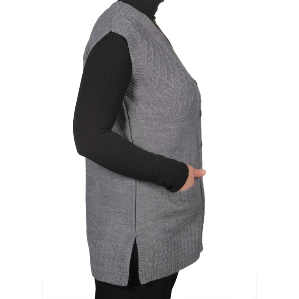 Kadın Gri Düğmeli Yelek - 3