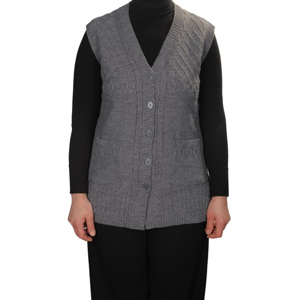 Kadın Gri Düğmeli Yelek - 2