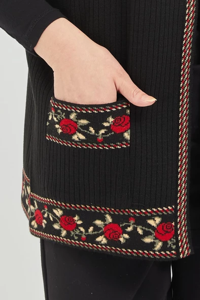 Anne Triko Gül Motifli Siyah  Kısa Cepli Yelek - 8