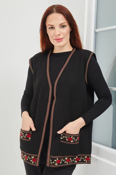 Anne Triko Gül Motifli Siyah  Kısa Cepli Yelek - 4