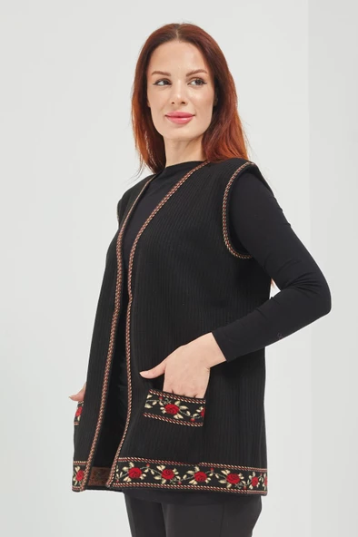 Anne Triko Gül Motifli Siyah  Kısa Cepli Yelek - 7