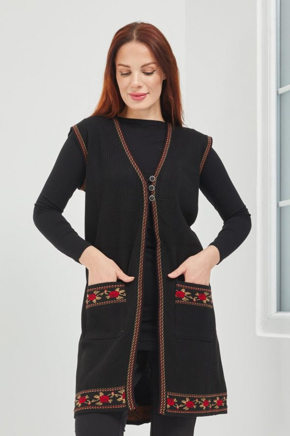 Anne Triko  Gül Motifli Siyah Uzun  Cepli Yelek - 3