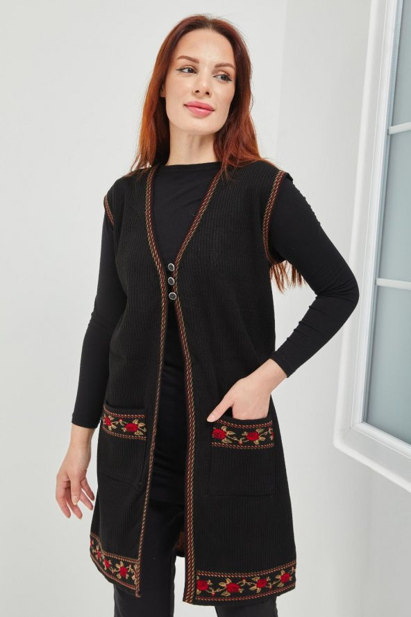 Anne Triko  Gül Motifli Siyah Uzun  Cepli Yelek - 5