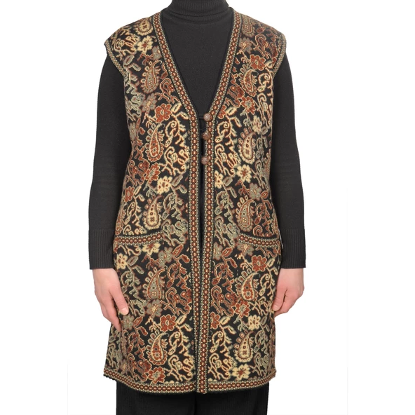 Kadın Siyah Anadolu Desenli Yelek - 2