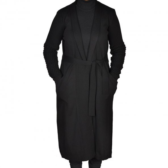 Fresh&Moda Kadın Mevsimlik Siyah Uzun Hırka