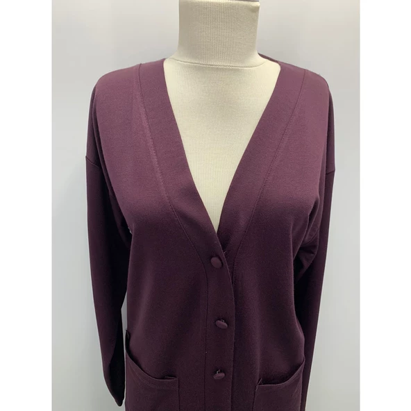 Kadın Vizon Uzun Düğmeli Cepli Anne Penye Hırka - 8