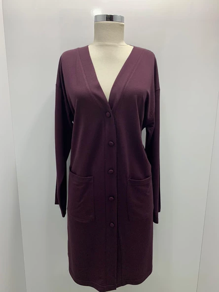 Kadın Vizon Uzun Düğmeli Cepli Anne Penye Hırka - 9