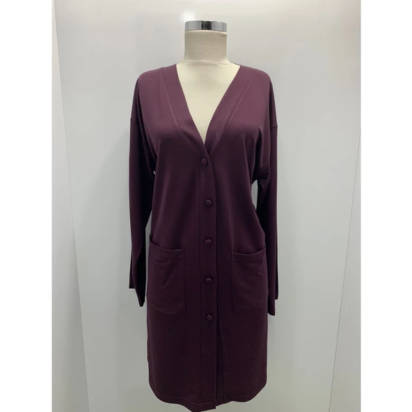 Kadın Vizon Uzun Düğmeli Cepli Anne Penye Hırka - 7