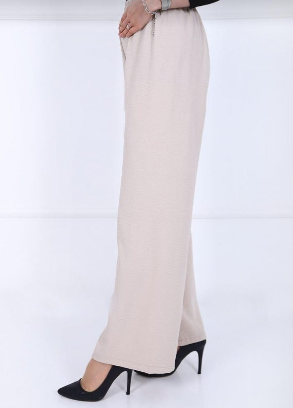 Fresh&Moda Kadın Bej Beli Lastikli Ayrobin Kumaş Bol Paça Büyük Beden Pantolon - 2