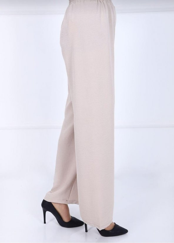 Fresh&Moda Kadın Bej Beli Lastikli Ayrobin Kumaş Bol Paça Büyük Beden Pantolon - 3