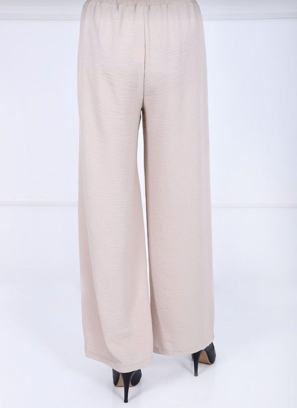 Fresh&Moda Kadın Bej Beli Lastikli Ayrobin Kumaş Bol Paça Büyük Beden Pantolon - 4
