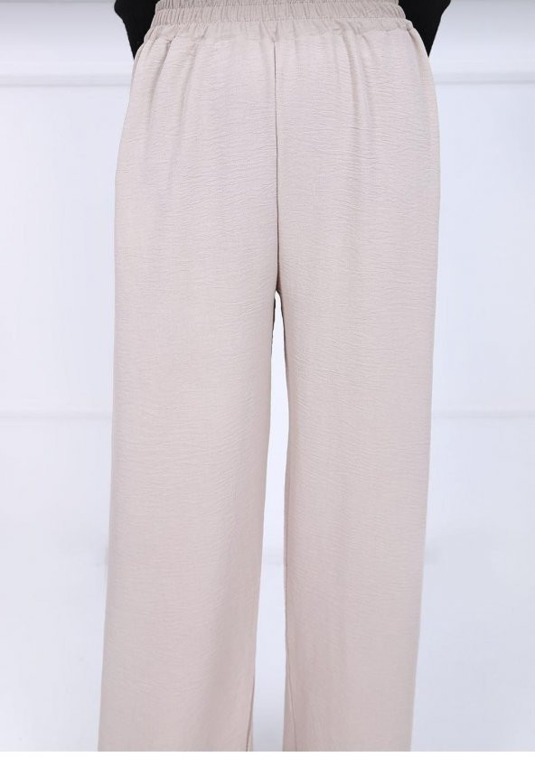 Fresh&Moda Kadın Bej Beli Lastikli Ayrobin Kumaş Bol Paça Büyük Beden Pantolon - 5