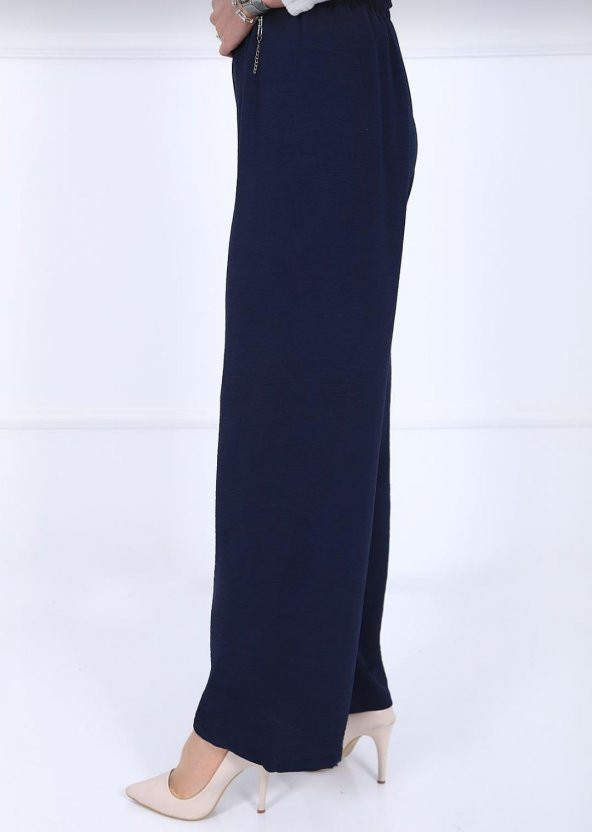 Fresh&Moda Kadın Lacivert Beli Lastikli Ayrobin Kumaş Bol Paça Büyük Beden Pantolon - 2