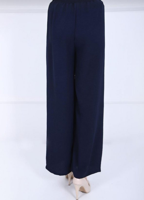 Fresh&Moda Kadın Lacivert Beli Lastikli Ayrobin Kumaş Bol Paça Büyük Beden Pantolon - 3