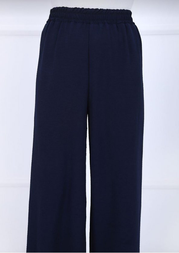 Fresh&Moda Kadın Lacivert Beli Lastikli Ayrobin Kumaş Bol Paça Büyük Beden Pantolon - 4