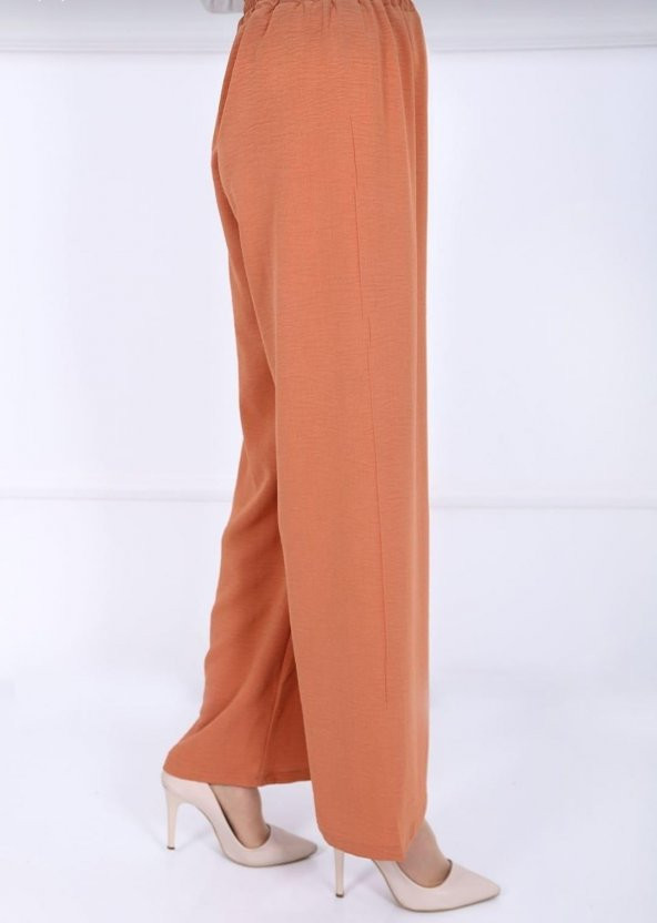 Fresh&Moda Kadın Şeftali Beli Lastikli Ayrobin Kumaş Bol Paça Büyük Beden Pantolon - 2