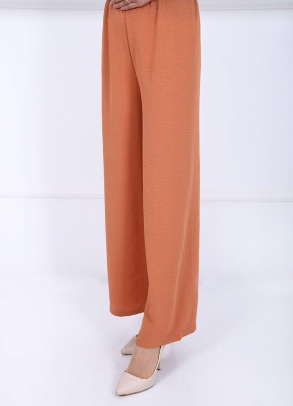 Fresh&Moda Kadın Şeftali Beli Lastikli Ayrobin Kumaş Bol Paça Büyük Beden Pantolon - 3