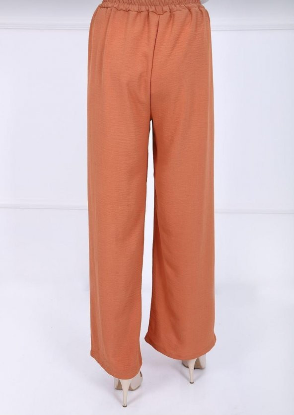 Fresh&Moda Kadın Şeftali Beli Lastikli Ayrobin Kumaş Bol Paça Büyük Beden Pantolon - 4