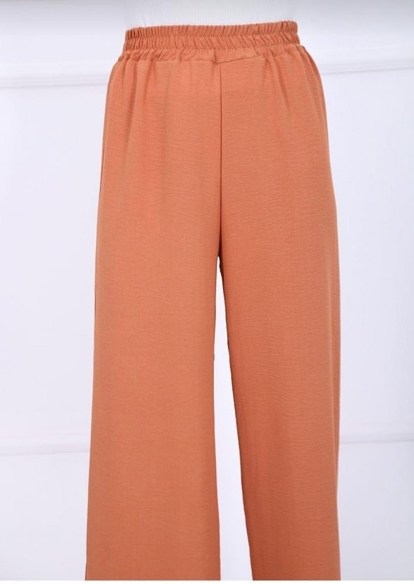 Fresh&Moda Kadın Şeftali Beli Lastikli Ayrobin Kumaş Bol Paça Büyük Beden Pantolon - 5