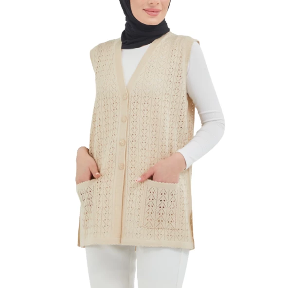 Düğmeli Krem Merserize Yelek - 2